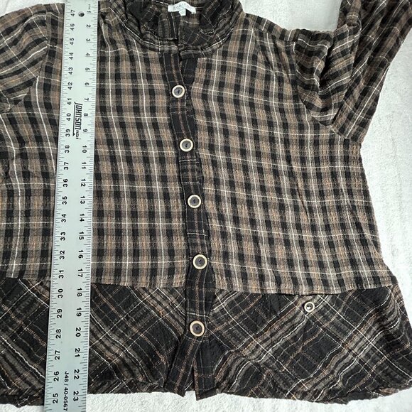 Habitat Womens Plaid Button-Up Ruffle Hem Jacket Large Lagenlook Brown Black - Picture 8 of 8